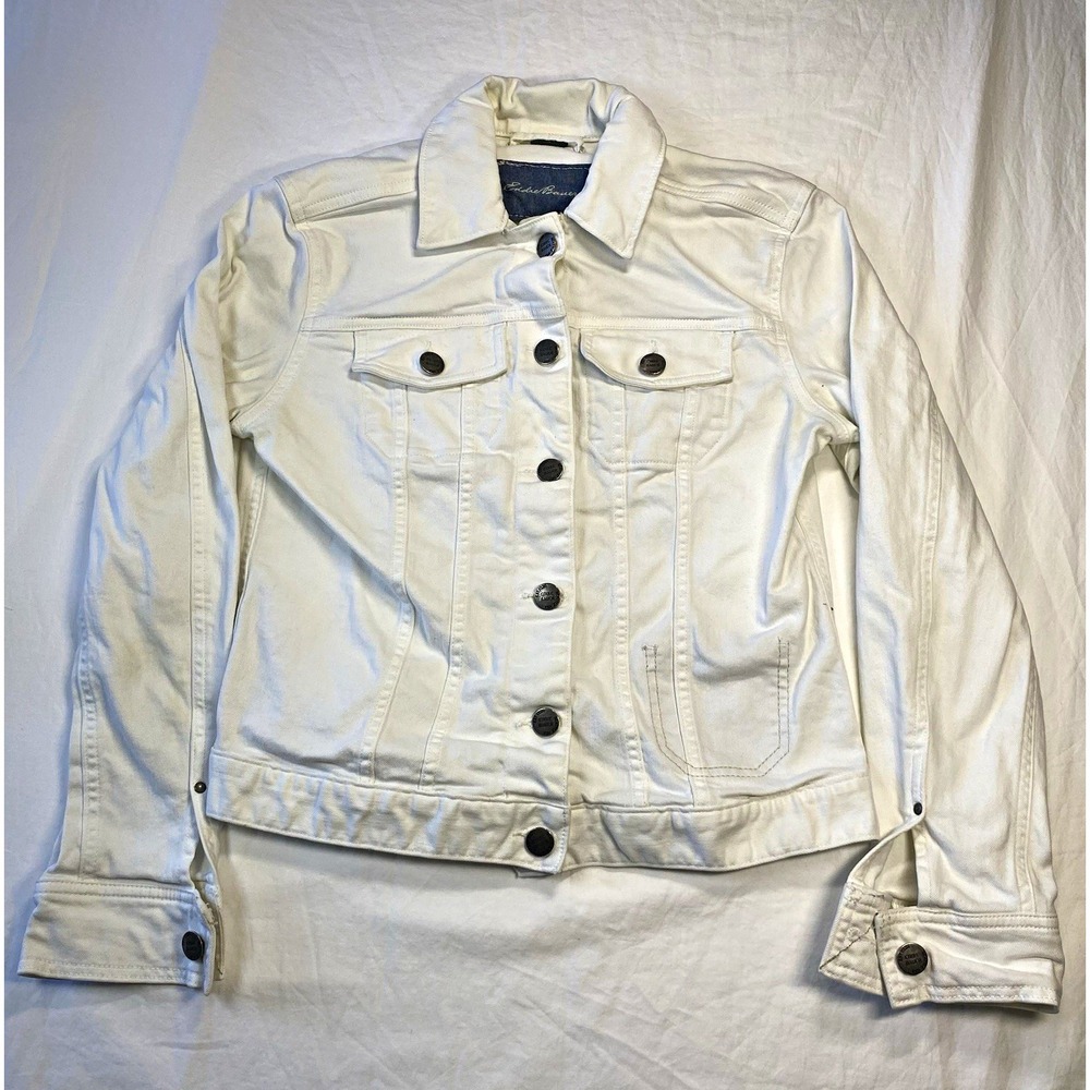 Eddie Bauer Women White Jean Jacket Button Front Pockets Long Sleeve Size M